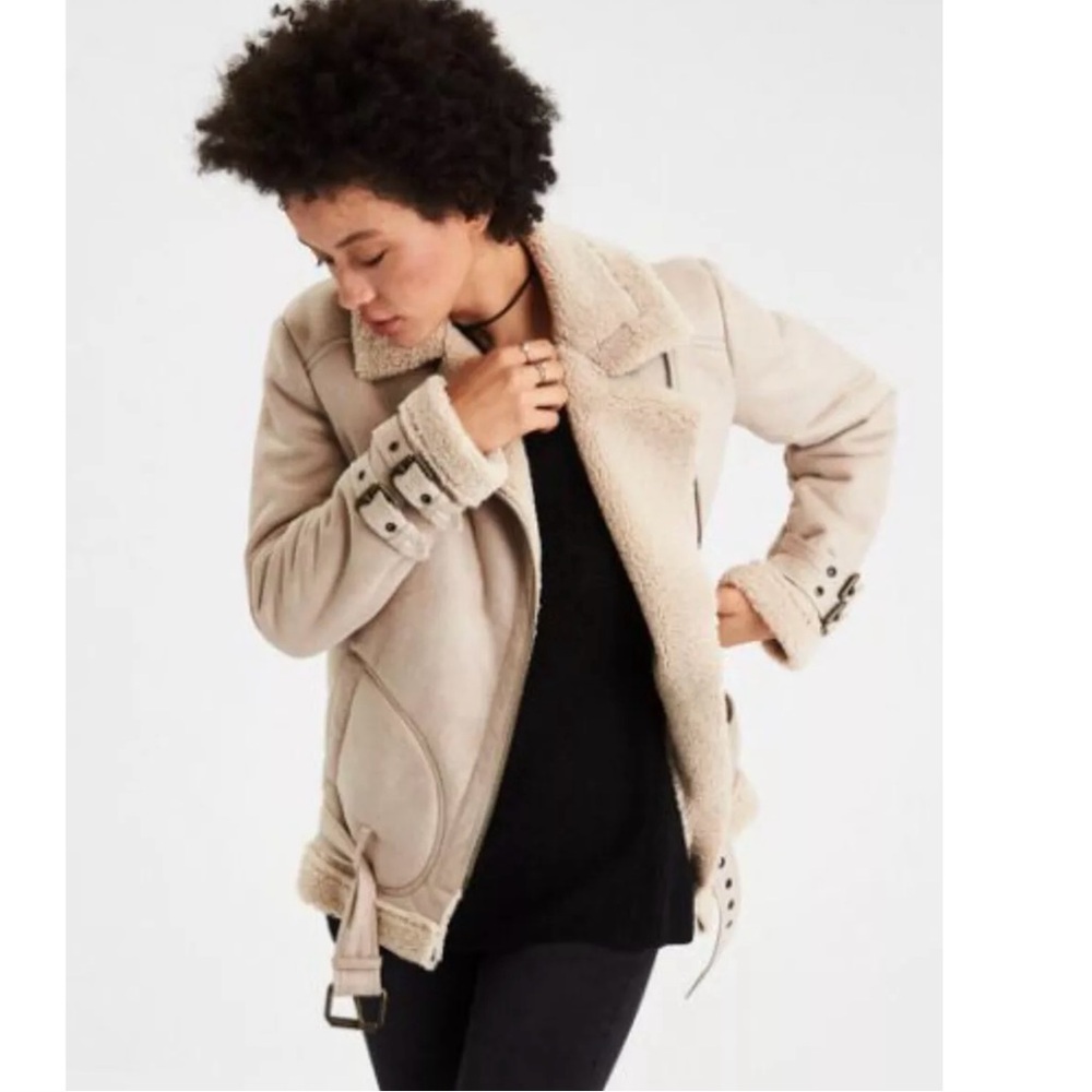 American Eagle Outfitters Moto Shearling Jacket Biker Aviator Small Beige Tan - Picture 15 of 15